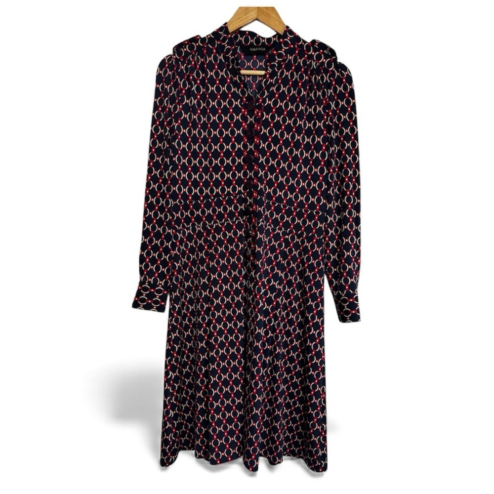 Valencia Dark Academia Midi Dress Navy Red Chain Geometric Print